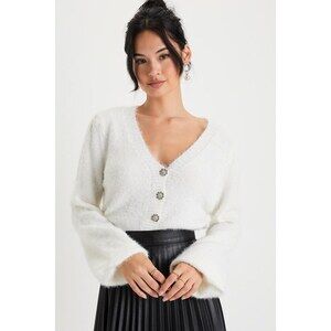 Dashing Darling Ivory Eyelash Knit Rhinestone Cardigan Sweater